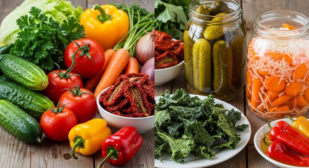 Antes e depois de verduras conservadas com as tecnicas