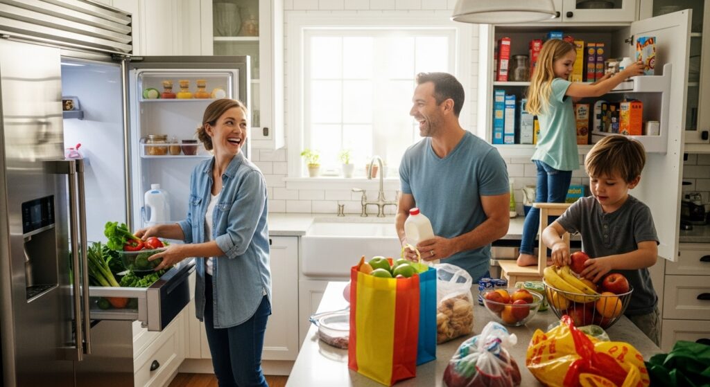 Foto de uma familia feliz organizando alimentos na cozinha