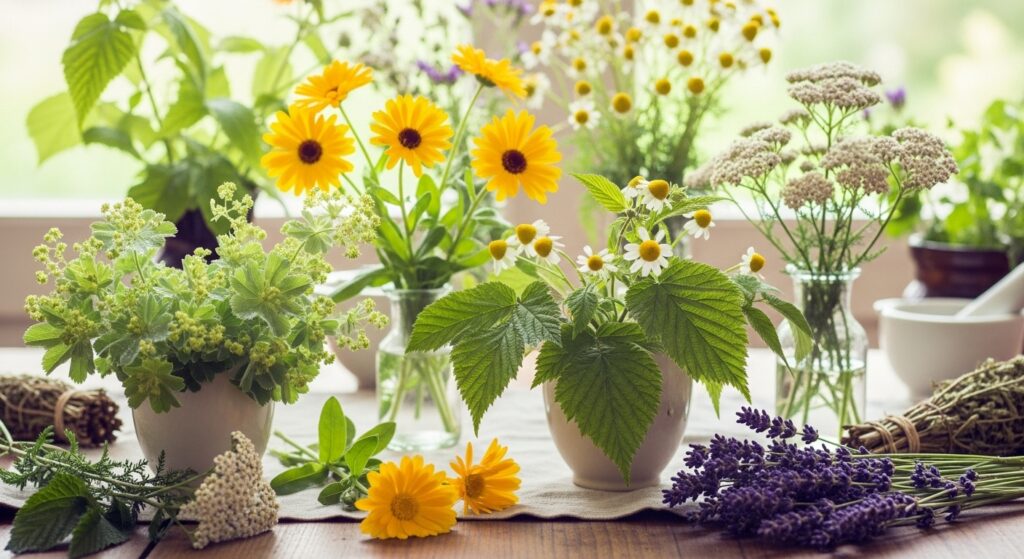 Colecao de plantas medicinais femininas dispostas artisticamente