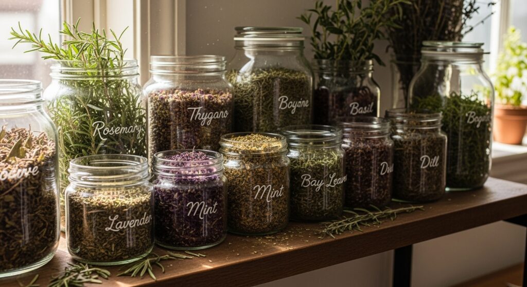 Foto de ervas secas em potes de vidro etiquetados organizados em uma prateleira