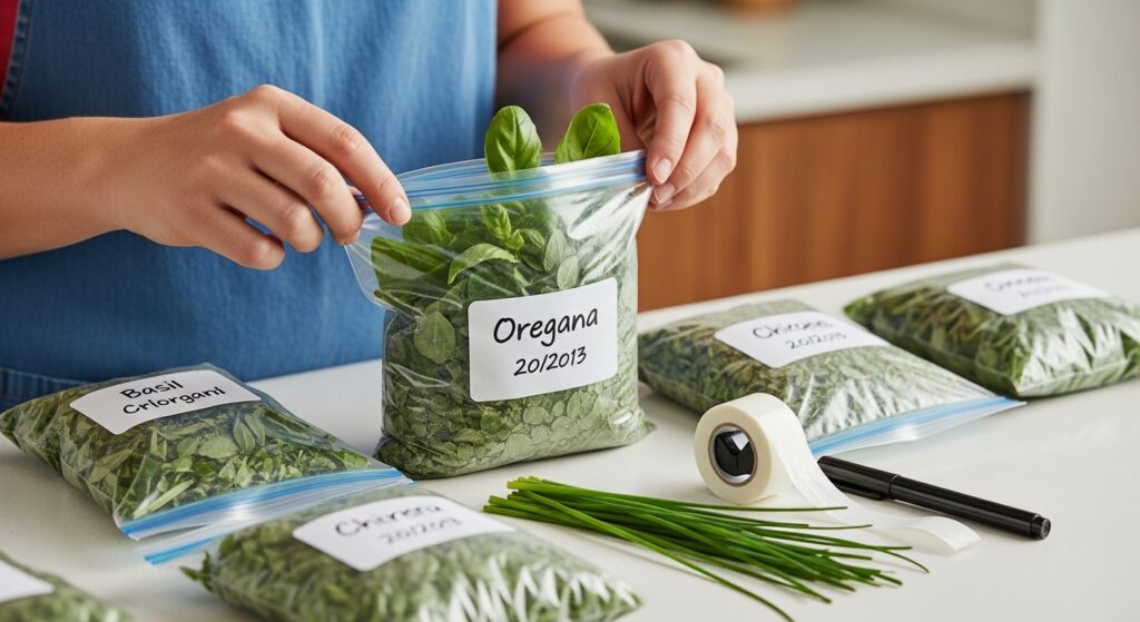 Foto mostrando o processo de colocar ervas em saquinhos para freezer com etiquetas visiveis