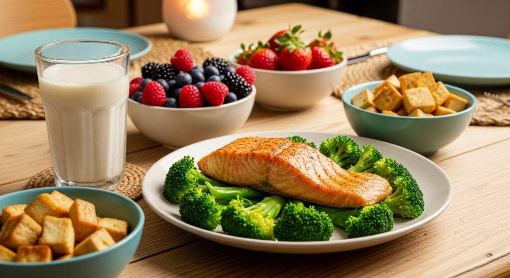 Mesa colorida com alimentos saudaveis salmao grelhado brocolis frutas vermelhas tofu e um copo de leite de soja