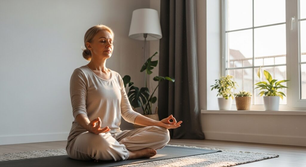Mulher madura praticando yoga em casa em um ambiente tranquilo e bem iluminado transmitindo paz e bem estar