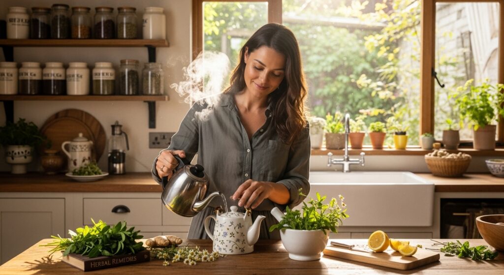 Mulher preparando cha de ervas em uma cozinha aconchegante representando o cuidado natural com a saude