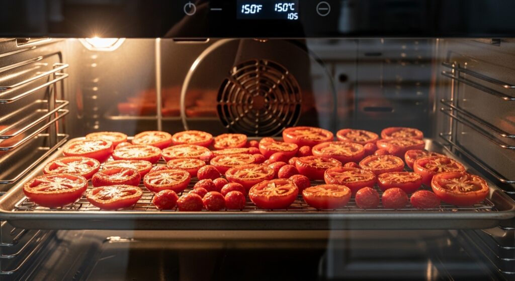 Tomates cortados ao meio secando no forno