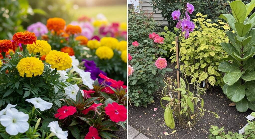 foto mostrando a diferenca entre plantas faceis florescendo e plantas dificeis com problemas