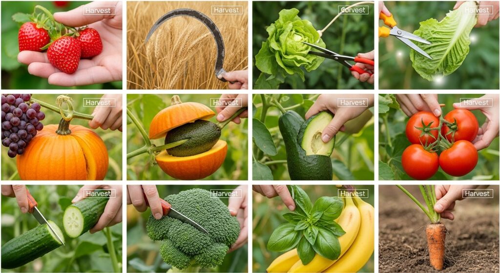 foto mostrando as tecnicas de colheita das diferentes plantas enfatizando os pontos ideais